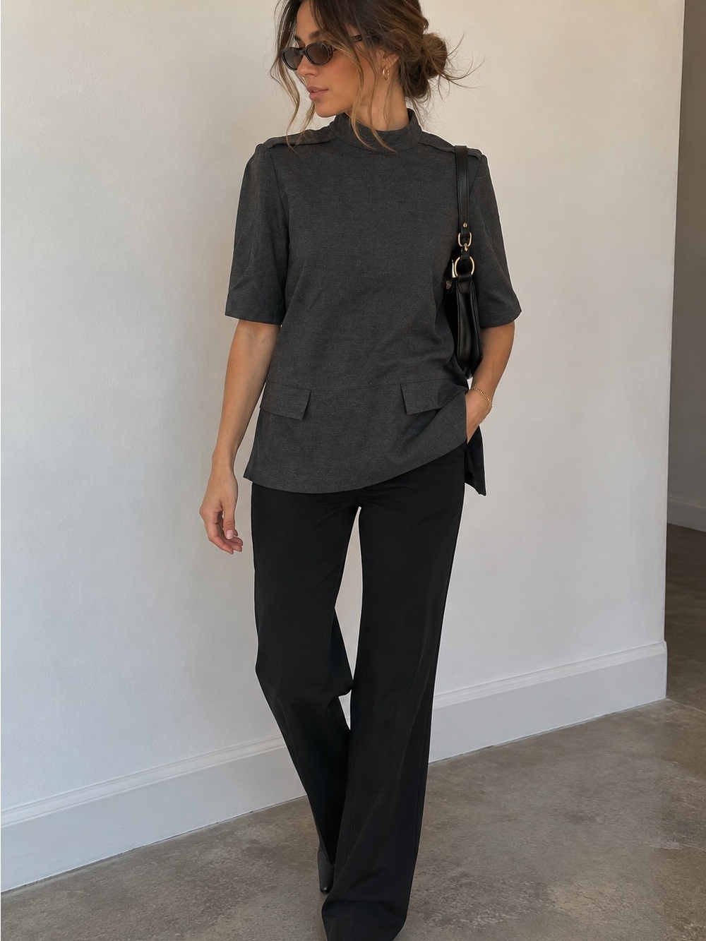 Zara Woman Gray Mock Neck Tunic Top Short Sleeve Minimalist Size S